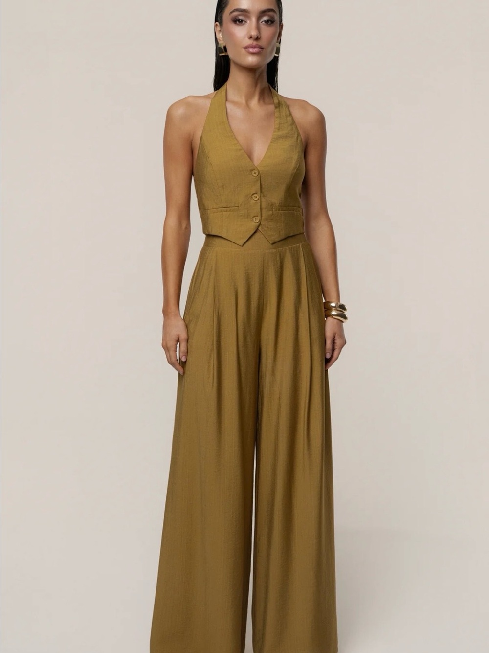 JLUXLABEL Olive Halter Vest Wide Leg Jumpsuit